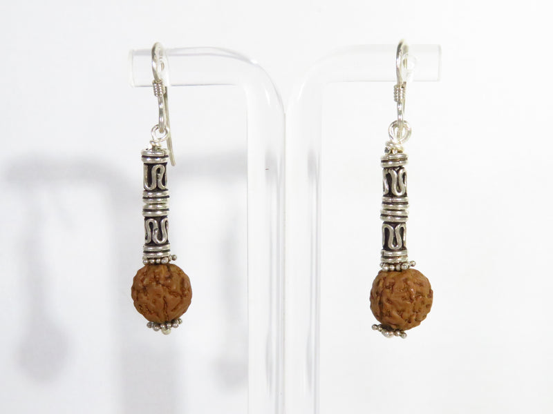 Sterling Silver Dangling Earrings with French Hook, Tubular Beads, and Rudraksha Seed for Wellbeing