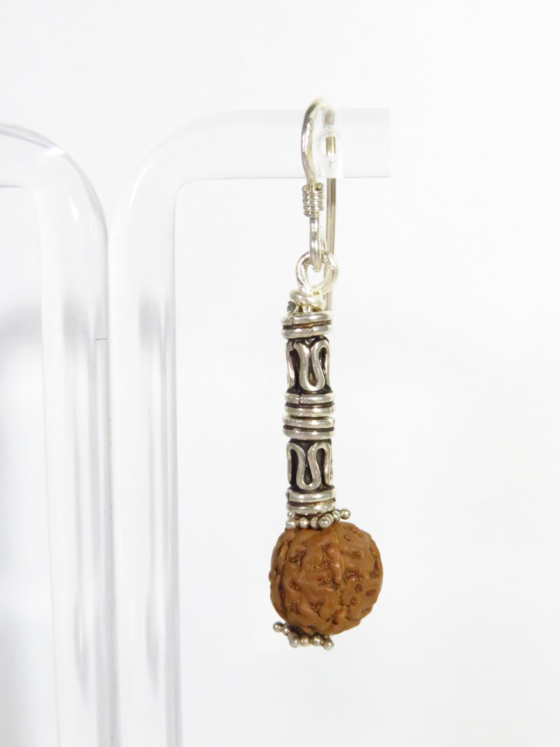 Sterling Silver Dangling Earrings with French Hook, Tubular Beads, and Rudraksha Seed for Wellbeing