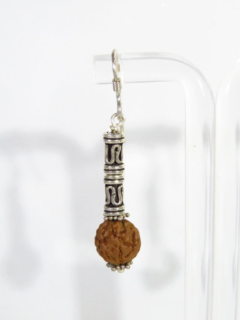 Sterling Silver Dangling Earrings with French Hook, Tubular Beads, and Rudraksha Seed for Wellbeing