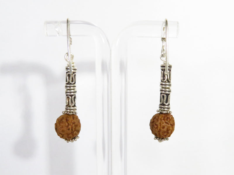 Sterling Silver Dangling Earrings with French Hook, Tubular Beads, and Rudraksha Seed for Wellbeing