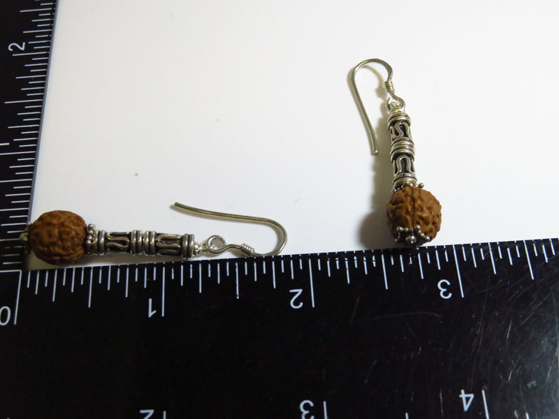 Sterling Silver Dangling Earrings with French Hook, Tubular Beads, and Rudraksha Seed for Wellbeing