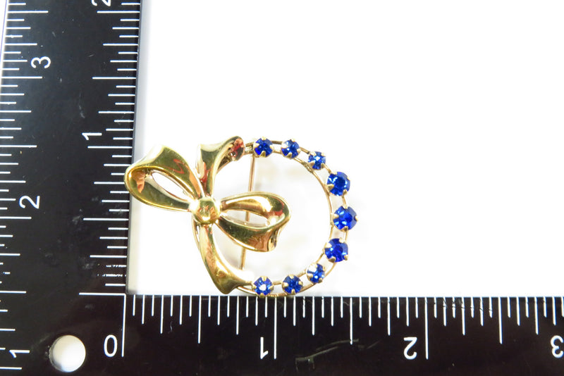 Cute Blue Stone Bow Wreath Style Gold Filled Brooch Pendant 1 1/2" x 1 1/8