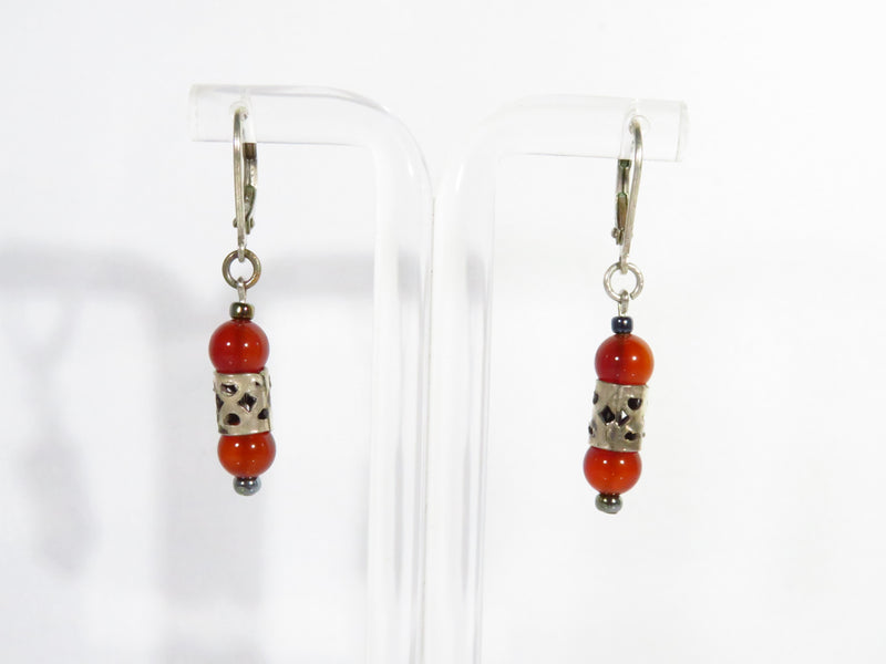 Orange Beaded 1 1/2" Drop Dangle Lever Back Earring in White Metal