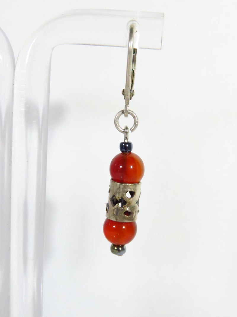 Orange Beaded 1 1/2" Drop Dangle Lever Back Earring in White Metal