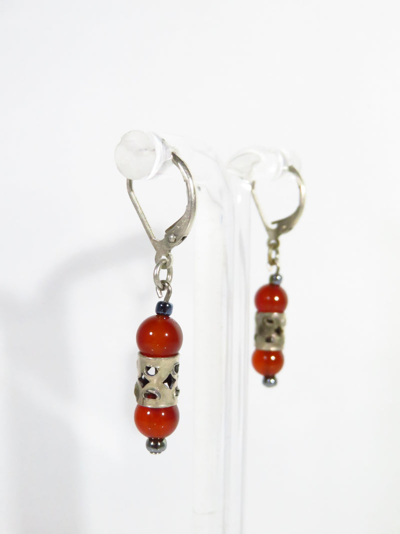 Orange Beaded 1 1/2" Drop Dangle Lever Back Earring in White Metal