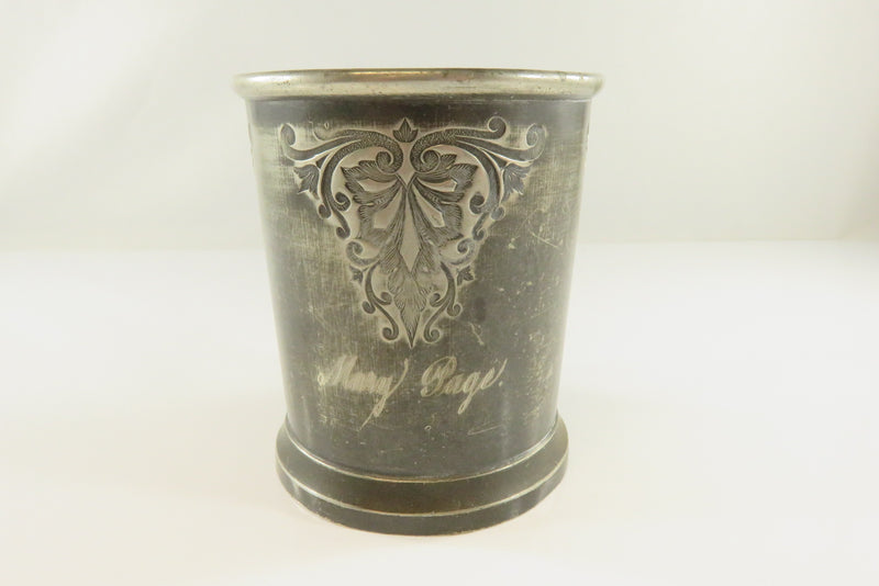 Victorian Childs Pewter Cup Mary Page Indiana Circa 1875 Etched Pewter Cup