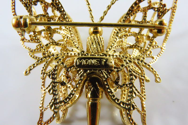 Gilt Gold 3D Filigree Butterfly Pin By Monet 1 1/2" W x 1 1/2" High