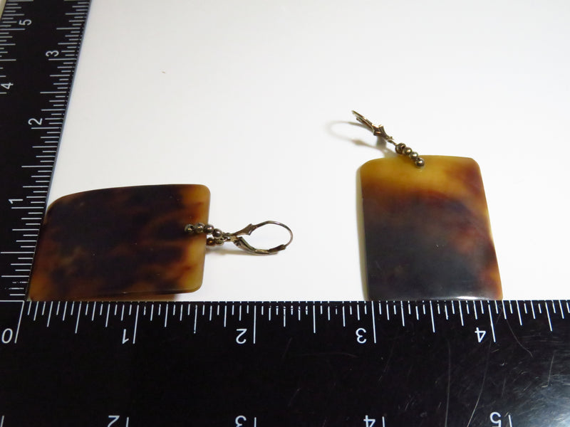 c1970's Faux Turtle Shell Translucent Glass Dangle Earrings 925 Lever Back