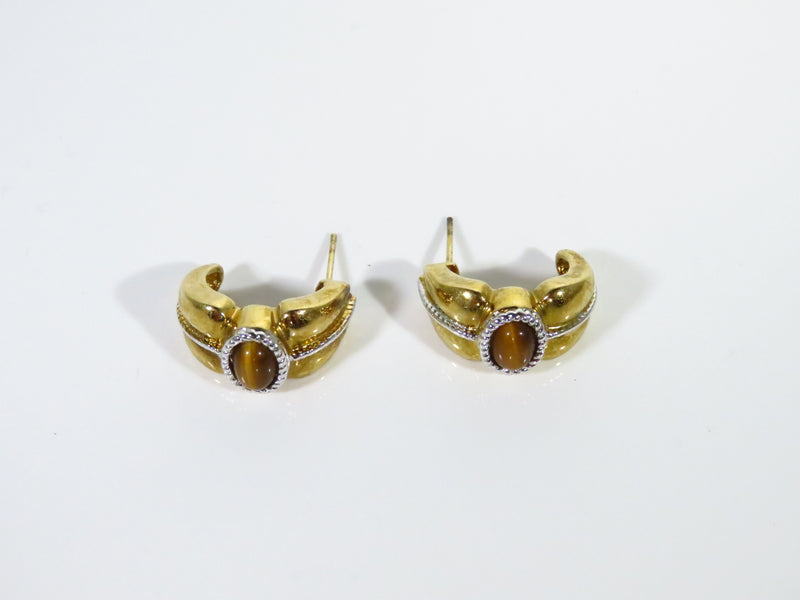 Designer Style Curved Gilded Sterling Post Back Tigers Eye Earrings