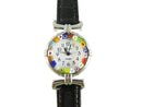 Watch with a floral face and black strap on a white background
