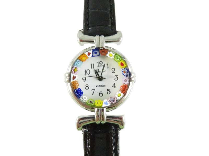 Watch with a floral face and black strap on a white background