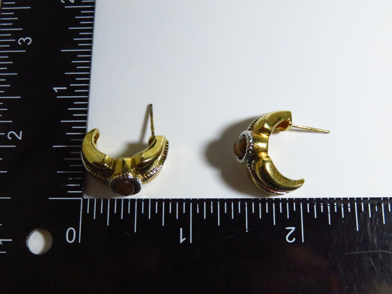 Designer Style Curved Gilded Sterling Post Back Tigers Eye Earrings