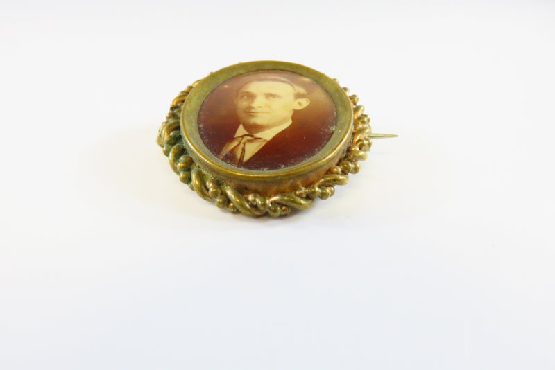 Antique Gilded Brass Miniature Photo Brooch Under Glass 1 3/8" x 1 1/8"