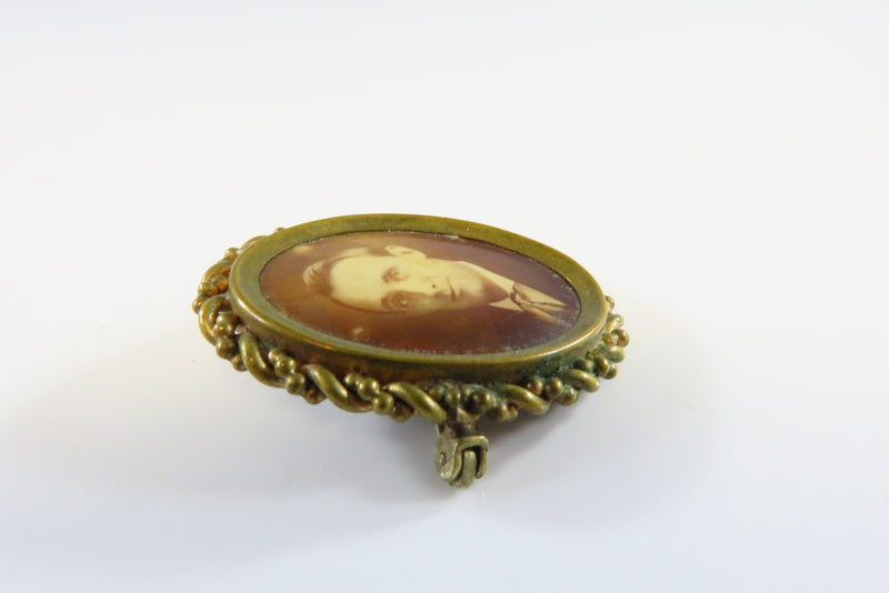 Antique Gilded Brass Miniature Photo Brooch Under Glass 1 3/8" x 1 1/8"
