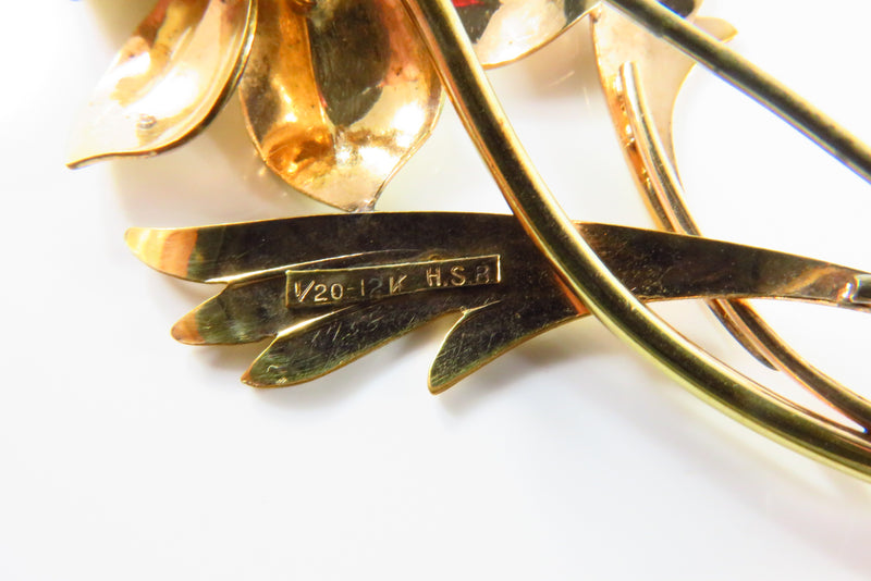 Harry S Bick Gold Filled Vintage Flower Brooch Large 2 7/8" x 1 1/4"