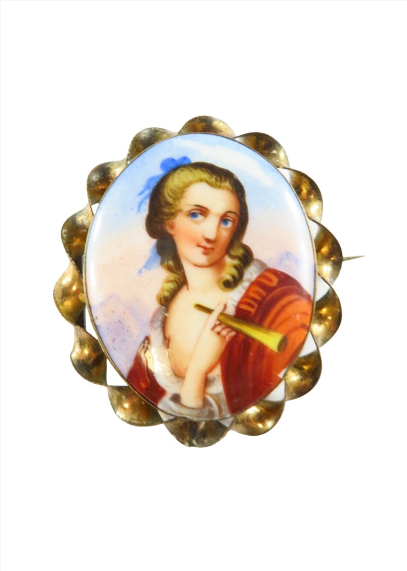 Antique Guilt Brass Painted Hand Porcelain Image of Woman Twisted Wire Wrapped — Jewelry & Watches:Vintage & Antique Jewelry: