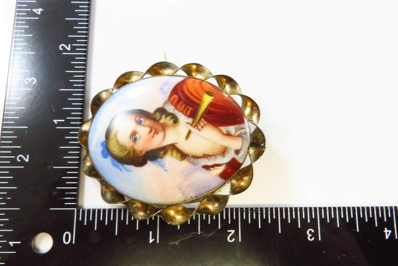 Antique Guilt Brass Painted Hand Porcelain Image of Woman Twisted Wire Wrapped