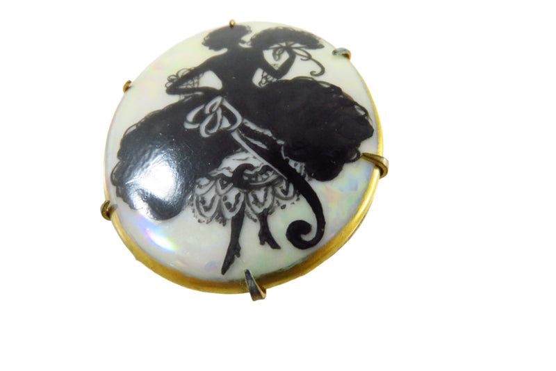 Victorian Dancing Woman Silhouette Cameo Brooch Hand Painted Luster Porcelain