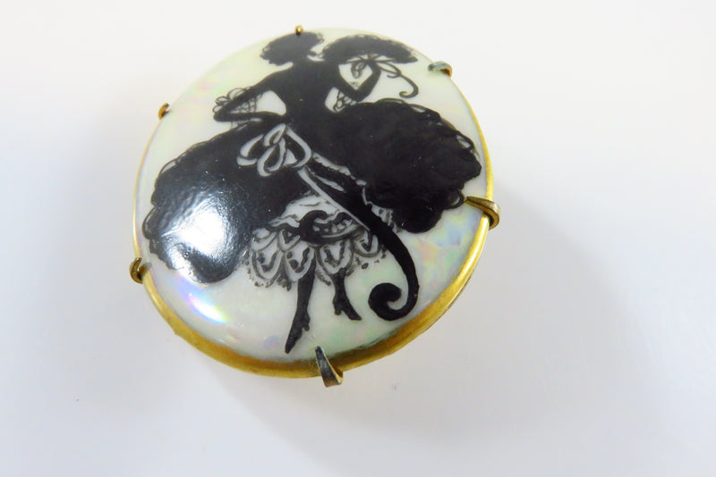 Victorian Dancing Woman Silhouette Cameo Brooch Hand Painted Luster Porcelain