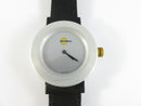 Wristwatch with black strap and white dial on a white background