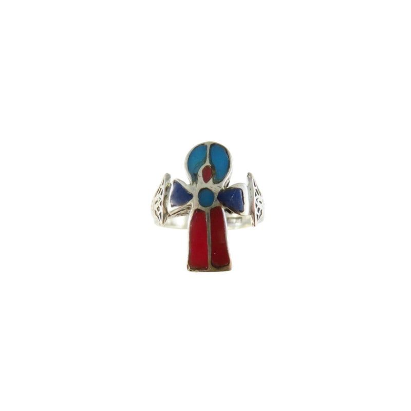 Vintage Ankh Ring With Red Blue Enamel Accent 800 Silver Mid Century 6.75 — Silver, Enamel — front view