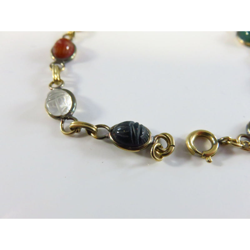 Vintage Scarab Bracelet 7 3/4" Long Glass & Stone Bezel Set 1/20 12K Gold Filled Chain Heavy Wear