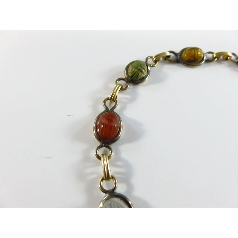 Vintage Scarab Bracelet 7 3/4" Long Glass & Stone Bezel Set 1/20 12K Gold Filled Chain Heavy Wear