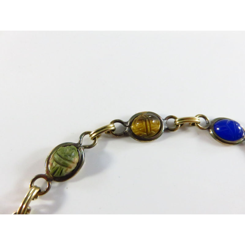 Vintage Scarab Bracelet 7 3/4" Long Glass & Stone Bezel Set 1/20 12K Gold Filled Chain Heavy Wear