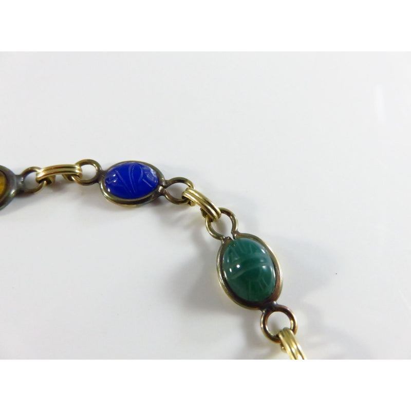 Vintage Scarab Bracelet 7 3/4" Long Glass & Stone Bezel Set 1/20 12K Gold Filled Chain Heavy Wear