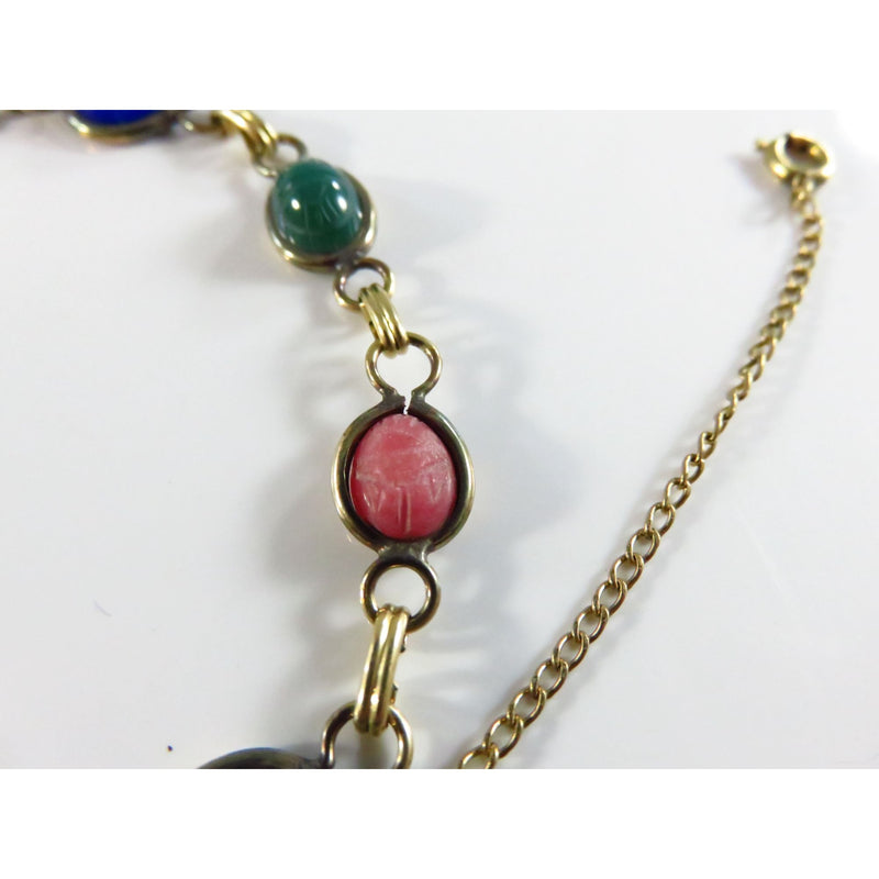 Vintage Scarab Bracelet 7 3/4" Long Glass & Stone Bezel Set 1/20 12K Gold Filled Chain Heavy Wear