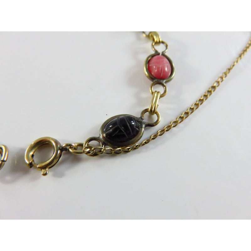 Vintage Scarab Bracelet 7 3/4" Long Glass & Stone Bezel Set 1/20 12K Gold Filled Chain Heavy Wear