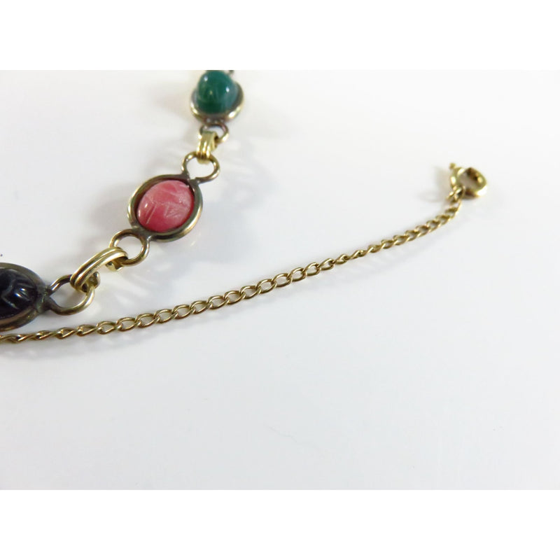 Vintage Scarab Bracelet 7 3/4" Long Glass & Stone Bezel Set 1/20 12K Gold Filled Chain Heavy Wear