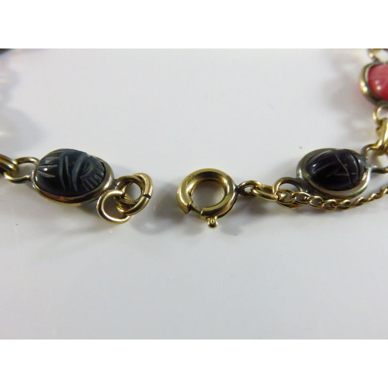 Vintage Scarab Bracelet 7 3/4" Long Glass & Stone Bezel Set 1/20 12K Gold Filled Chain Heavy Wear