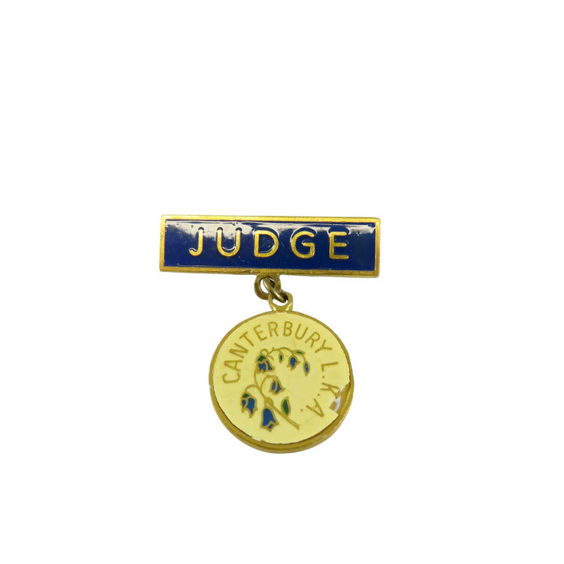 Vintage Judges Badge Canterbury L.K.A. Dog Show Gold Tone Blue & White Enamel 1 7/16" Wide