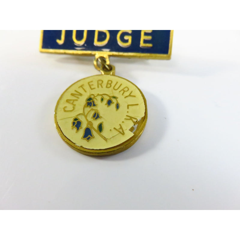 Vintage Judges Badge Canterbury L.K.A. Dog Show Gold Tone Blue & White Enamel 1 7/16" Wide