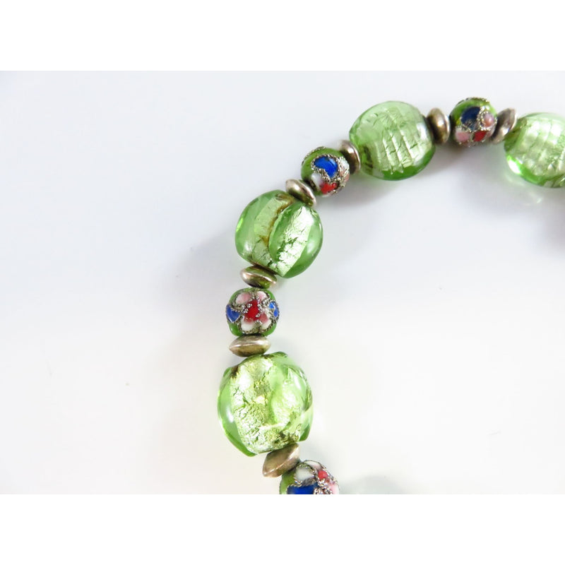 Green Glass Beaded Bracelet With Sterling Silver Clasp & Artisan Design