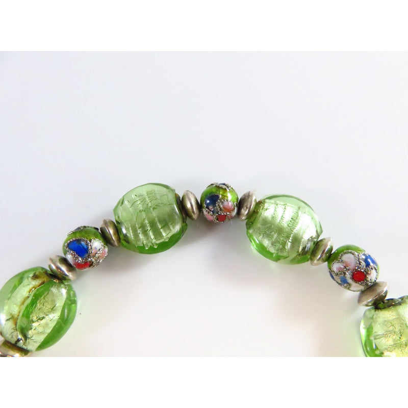 Green Glass Beaded Bracelet With Sterling Silver Clasp & Artisan Design