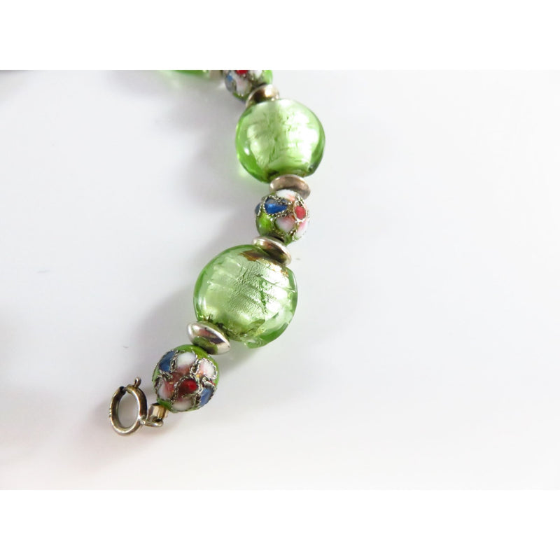 Green Glass Beaded Bracelet With Sterling Silver Clasp & Artisan Design