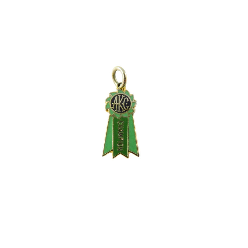 AKC Champion Green Enameled Pinback Ribbon Charm Petite Gold Tone Wear Pre-Owned — Gold, Enamel — front view