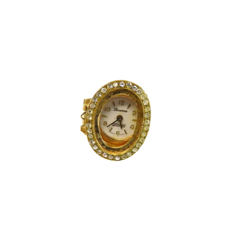 Lucerne Gold-Tone Watch Ring With Rhinestones Oval Face For Parts