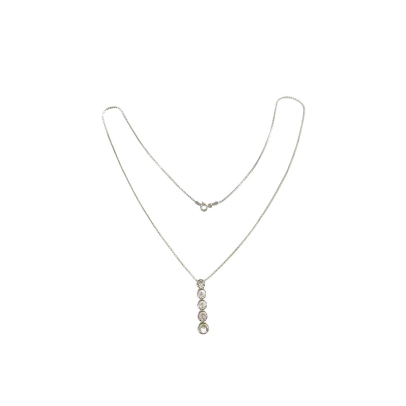 5 Stone Drop Pendant Necklace With Clear Glass Stones & Silver Colored Metal 20" Box Chain Spring Ring Closure — Silver — fro