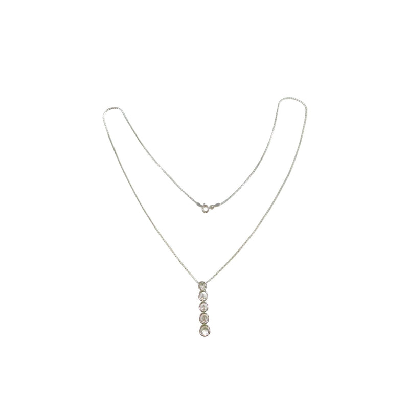 5 Stone Drop Pendant Necklace With Clear Glass Stones & Silver Colored Metal 20" Box Chain Spring Ring Closure