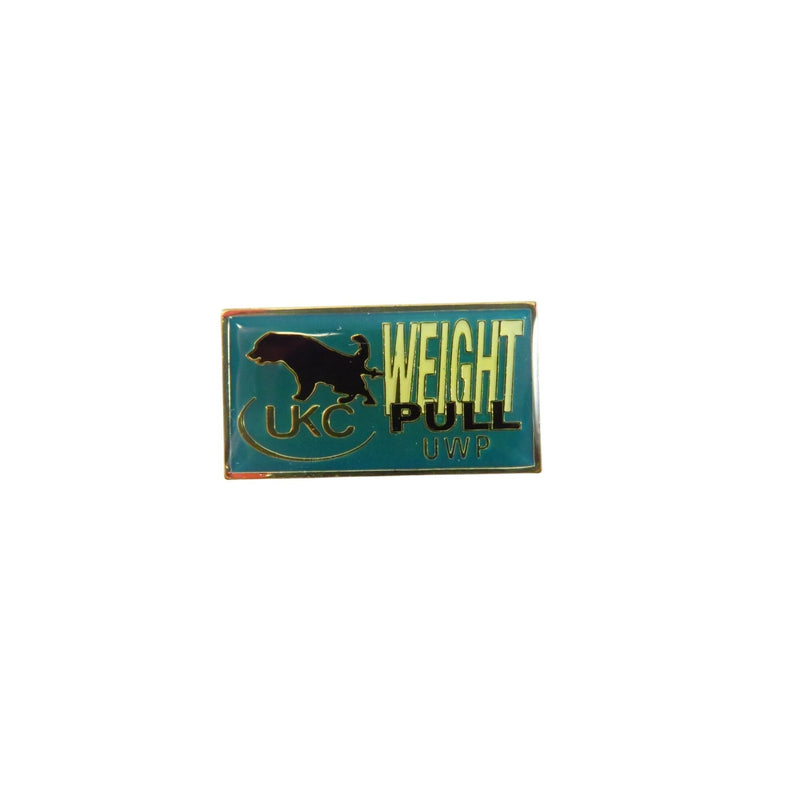 UKC Weight Pull UWP Award Pin Gold Tone Rectangle Lapel Hat Pin 1" Teal Green Black — Gold — front view