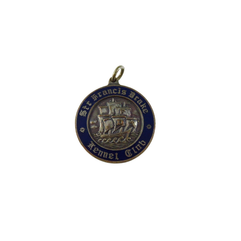 Vintage Sir Francis Drake Kennel Club Dog Show Medal Blue Enamel Silver Tone 1" Round Pendant — Silver, Enamel — front view