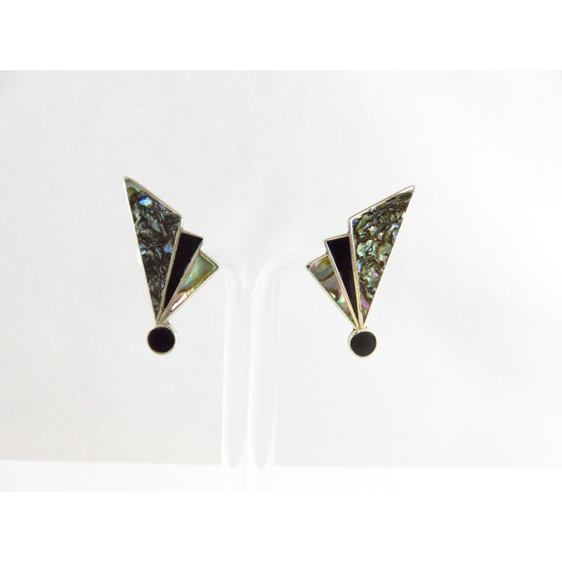 Vintage Taxco Art Nouveau Style Sterling Earrings With Abalone Inlay & Screw Back Design