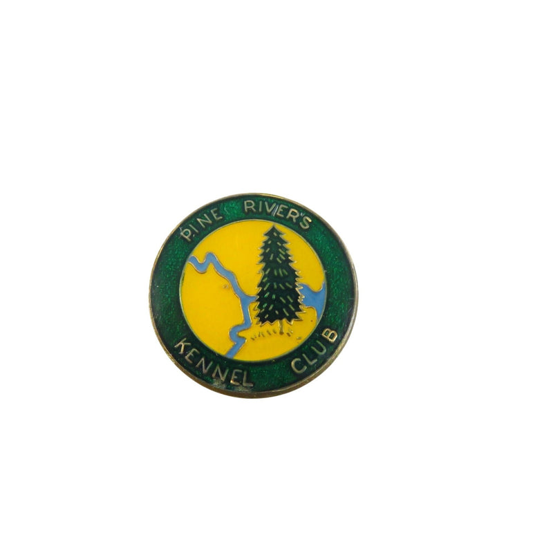 Vintage Pine Rivers Kennel Club Lapel Pin 1977 Green/Yellow/Blue Enamel A.J. Parkers 1" Diameter — Gold, Enamel — front view
