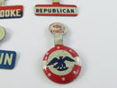 Vintage Political Patriotic Lithograph Tin Collar Tab Clip Pin Lot of 6 Jay Cooke Martin Republican CFC USIT Eagle