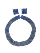 Vintage Sapphire Blue Glass Rhinestone Choker Necklace and Clip On Earrings Set, Mid-Century Japanned Gunmetal Costume Jewelry