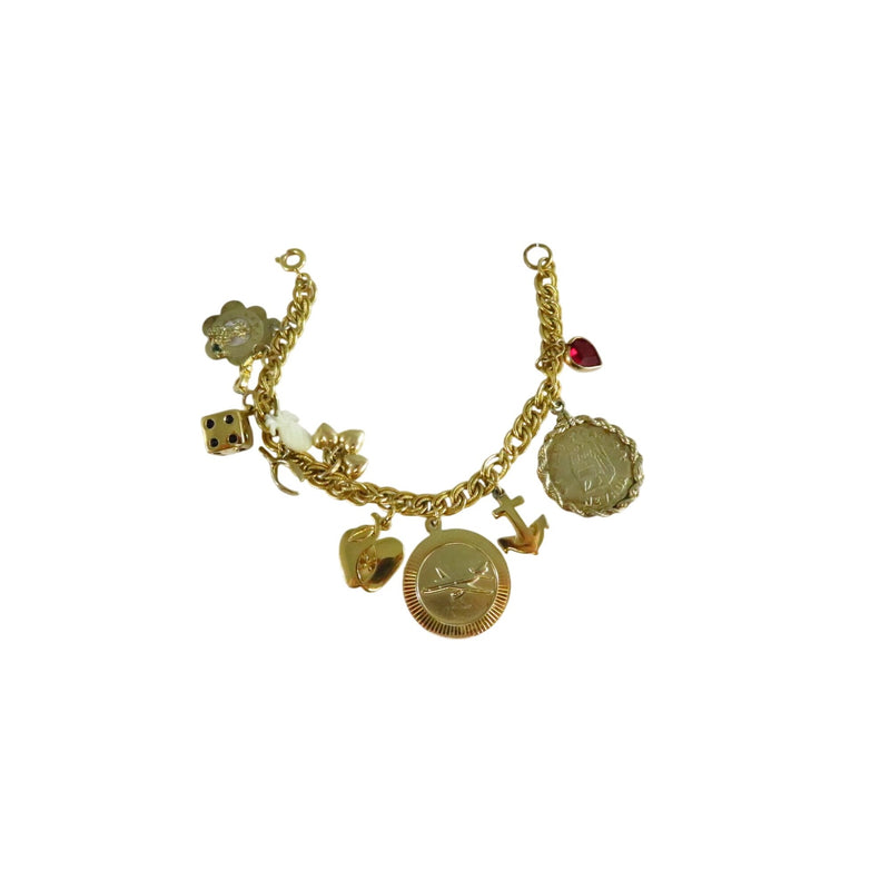 Vintage Gold Tone Charm Bracelet With Mixed Charms & Rope Chain Links