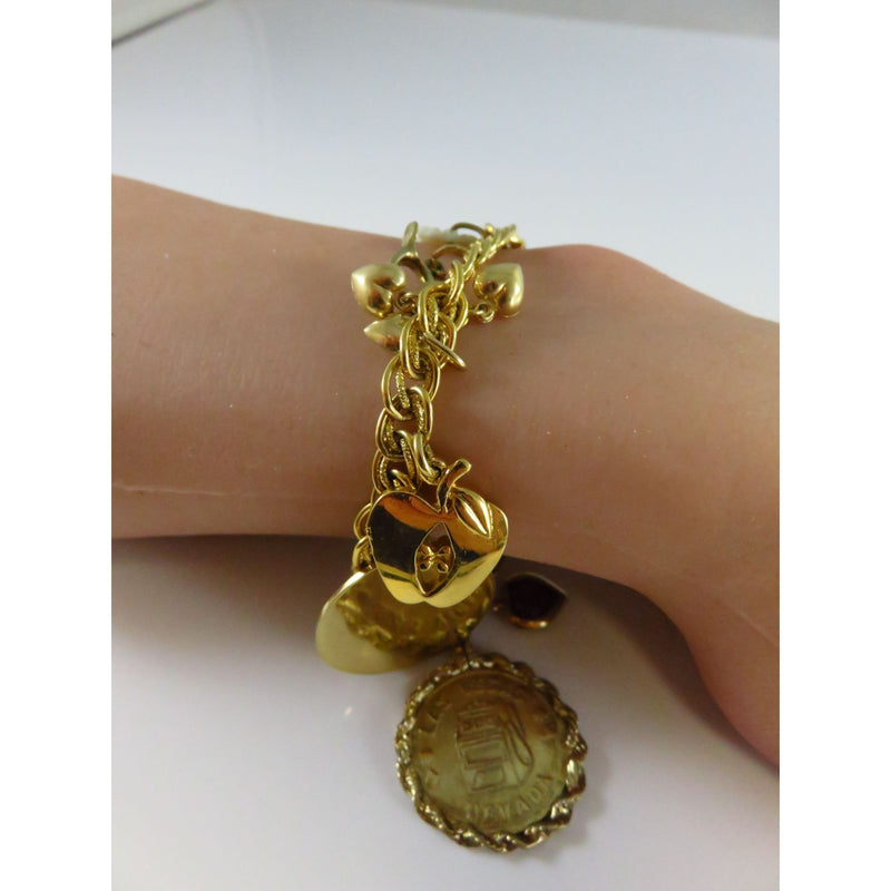 Vintage Gold Tone Charm Bracelet With Mixed Charms & Rope Chain Links